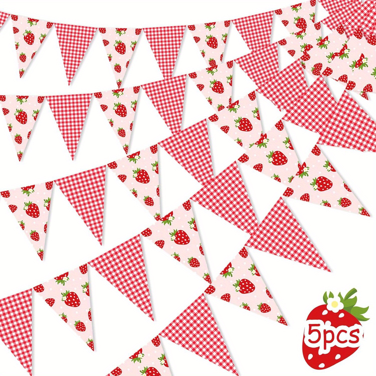 

5pcs Strawberry Pennant Banners - Pre-strung Strawberry Triangle Flag Party Decorations, Berry Themed Birthday Party Supplies