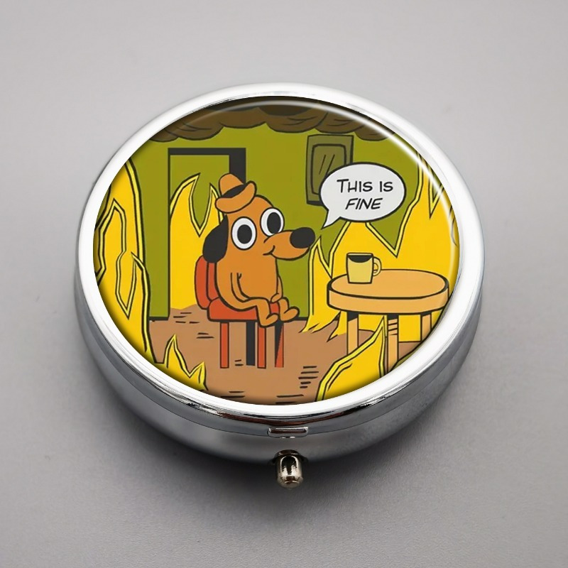 

1pc "this Is Fine" Cartoon Dog Metal Pill Box - 3-compartment, Portable Medicine & Vitamin Organizer For Purse Or Pocket, Decorative Flame Design, Unique Gift Idea, Pill Box For Purse