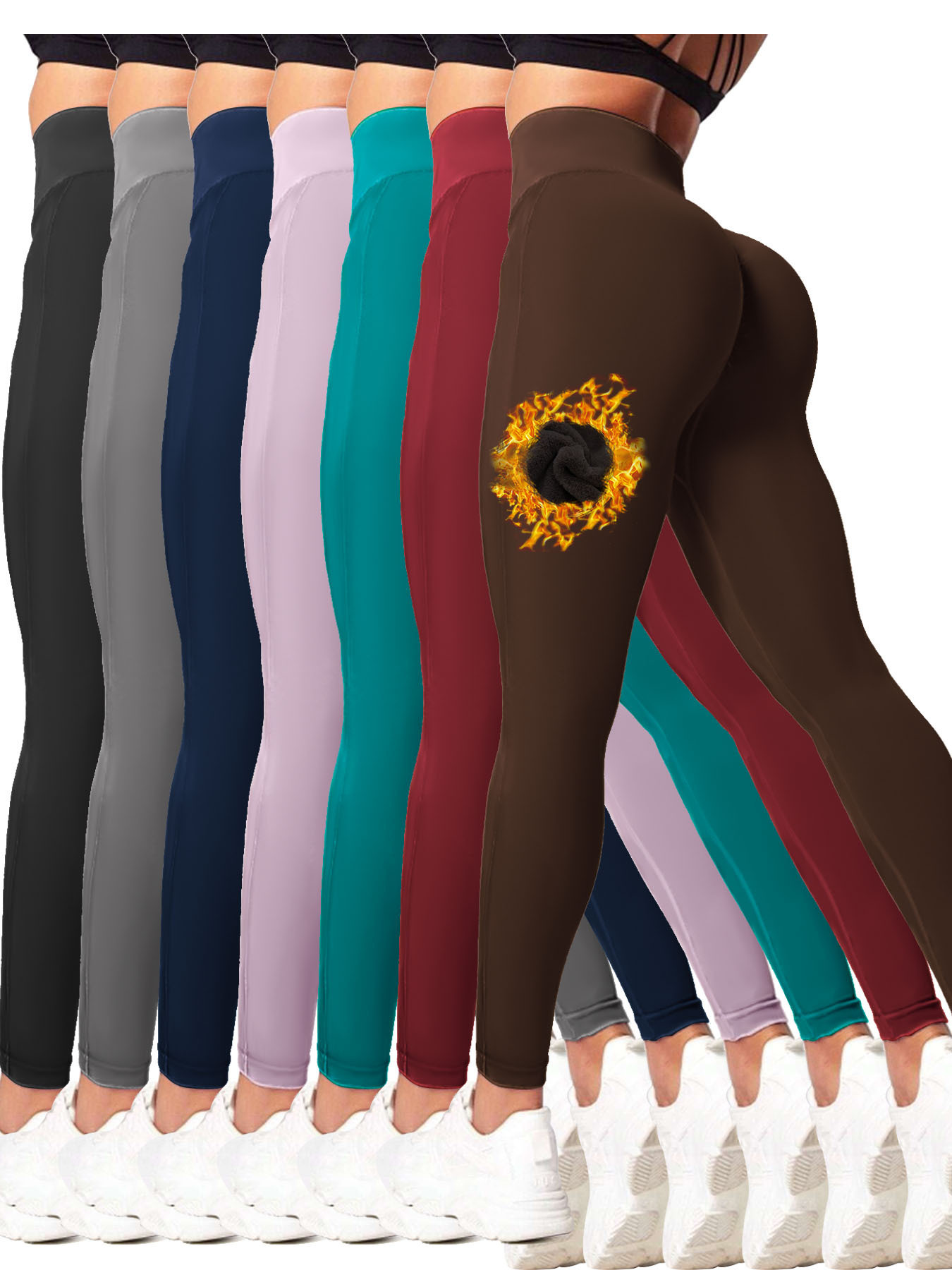 7pcs High-Waisted Fleece-Lined Cycling Pants, 92% Nylon 8% Elastane, Solid  Color Knit Fabric, Mature Style, High Stretch, Warm Leggings