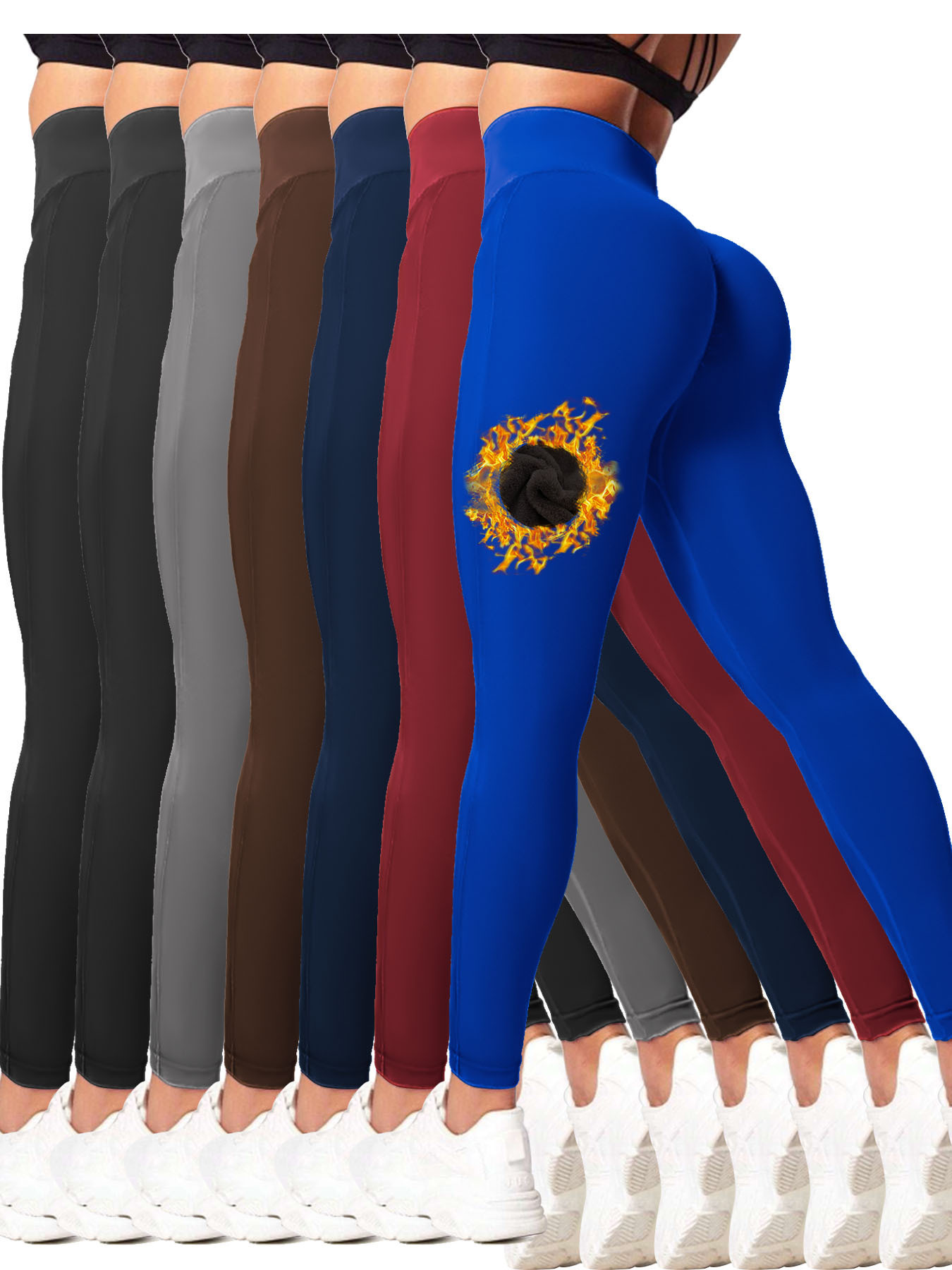 7pcs High-Waisted Fleece-Lined Cycling Pants, 92% Nylon 8% Elastane, Solid  Color Knit Fabric, Mature Style, High Stretch, Warm Leggings