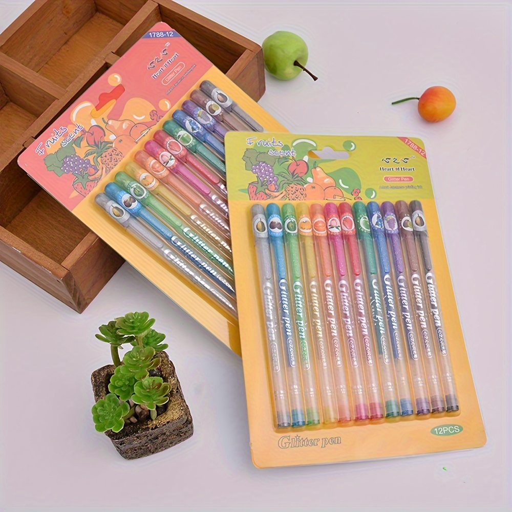 

12-pack Scented Gel Pens, Medium Point, Fruit-themed Assorted Color Inks - Ideal For Writing, Office Use & Gifting