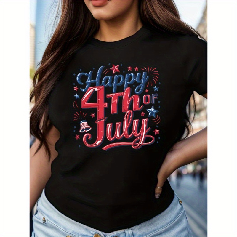 

Happy 4th Of July Print Casual T-shirt, Crew Neck Short Sleeve Top For Spring & Summer, Women's Clothing