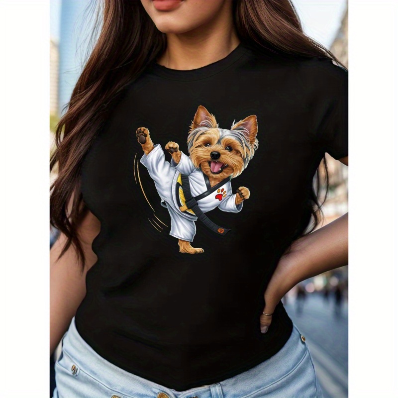 

Yorkshire Terrier Martial Arts Print T-shirt, Short Sleeve Crew Neck Leisure T-shirt For Spring & Summer, Women's Clothing