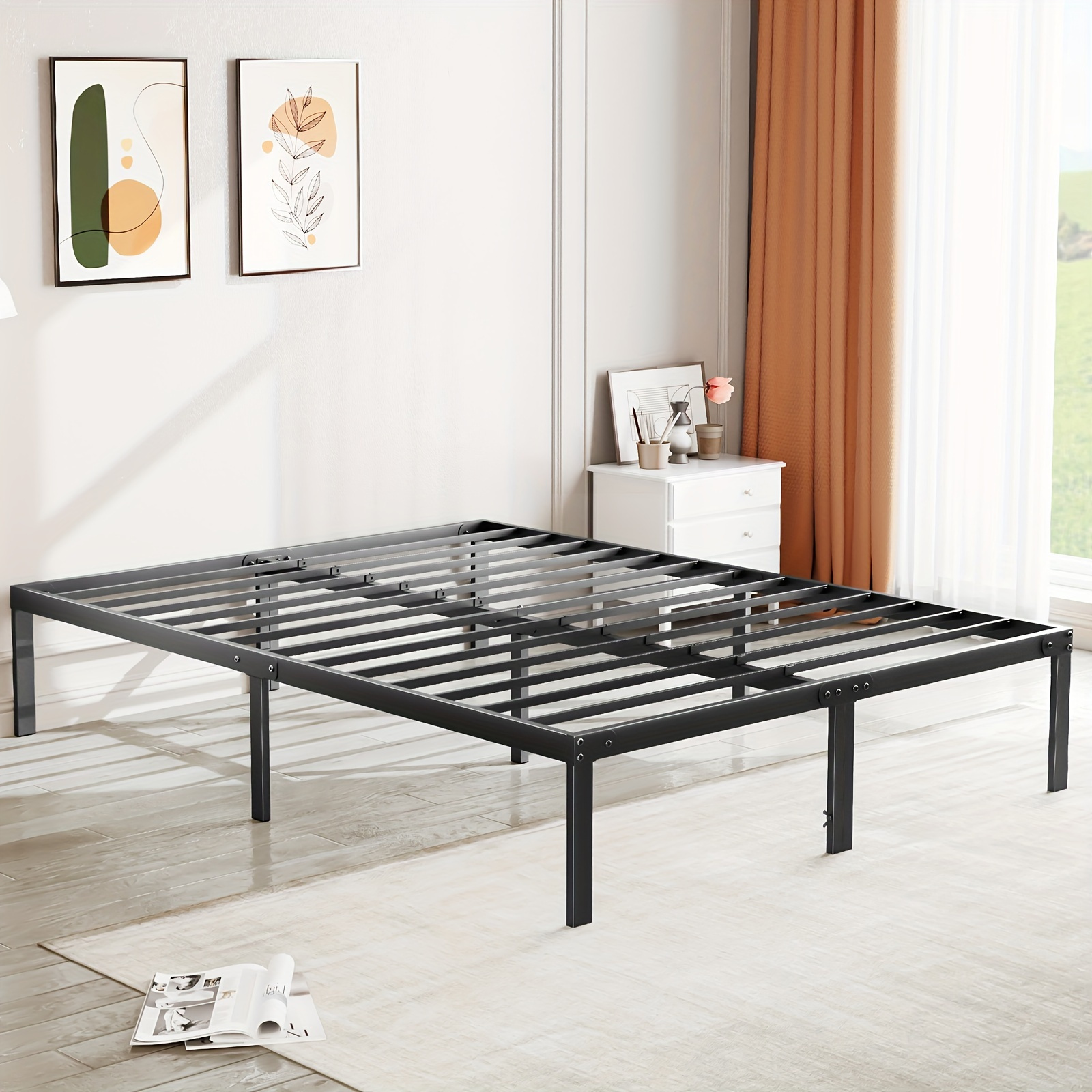 

Full Size Bed Frame, Metal Platform Frames No Box Spring Needed, Heavy Duty With Storage Space, 14 Inches High, Sturdy Steel Slat Support, Black