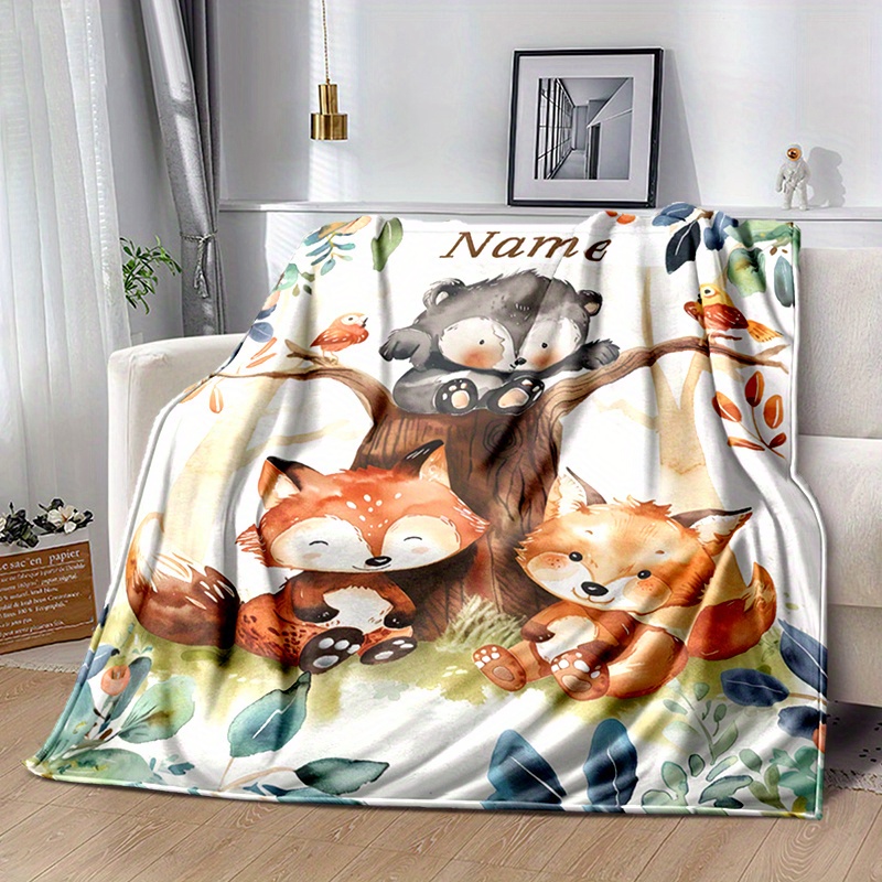 

Personalized Custom Name Blankets - Cute Cartoon Forest Animals Throw Flannel Blankets For Adult Lightweight Throw Blanket For Bedroom Sofa - Travel, Winter Reading, Pet Love, Holiday Gift