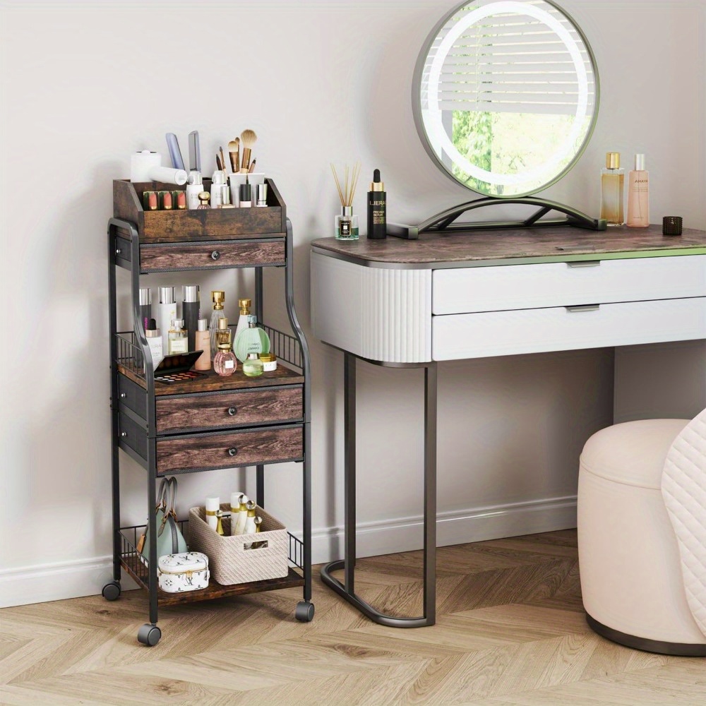 

Floor Standing Cosmetic Organizer, Multifunctional Storage Cabinet With Drawers On Wheels.