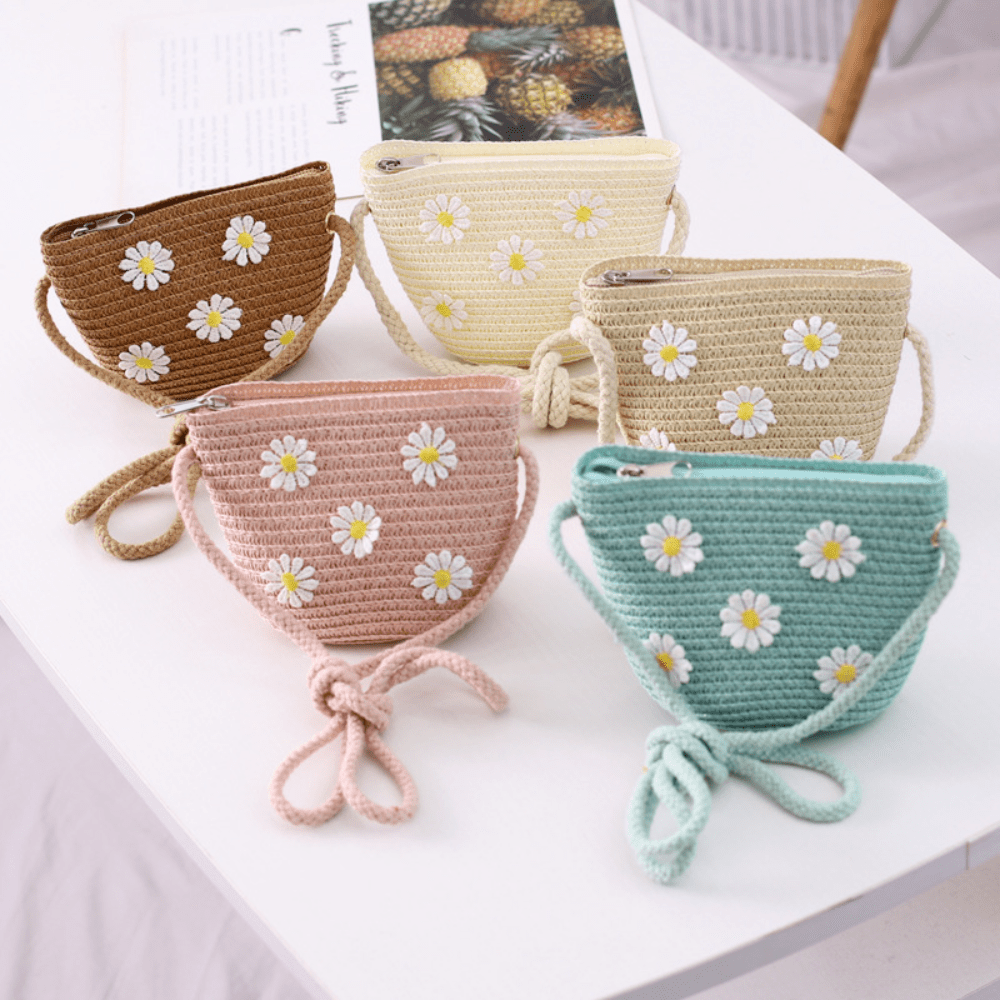 

[mini Edition]girls' Straw Crossbody Bag With Daisy Embroidery, Lightweight & Simple Summer Purse For Everyday & Vacation Use