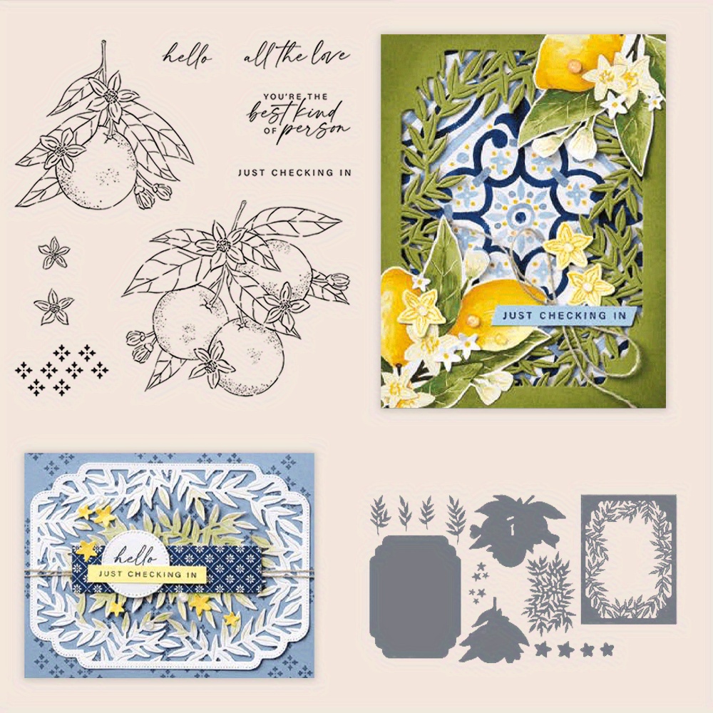 

Spring Citrus Fruit And Blooms Stencil And Stamp Set, Diy Scrapbooking And Card Making Supplies, Plastic Templates With Silicone Stamps For Crafts And Decor, New 2024 Collection