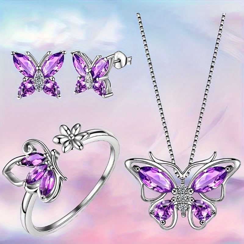 

Jewelry Set, Butterflies Amethyst Birthstone Pendant Necklace/earrings/rings For Wedding Gifts