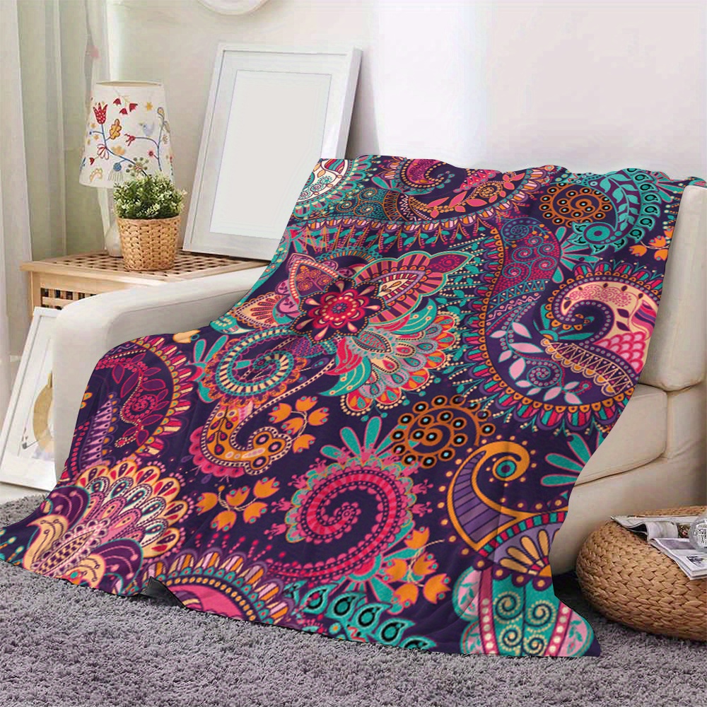 

Colorful Paisley Pattern Flannel Throw Blanket - All-season Lightweight Digital Print Sofa Cover, Soft Cozy Polyester Woven Nap Blanket For Couch, Bed - Contemporary Home Decor, Gift - 250-300gsm