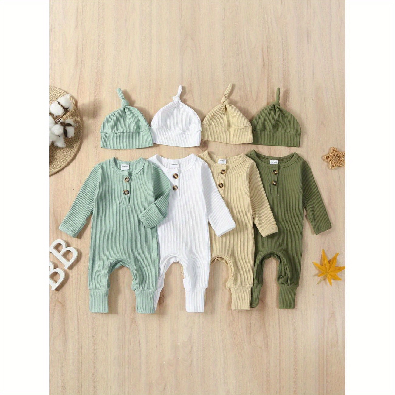 

Newborn Baby Boy 2 Pieces Outfits Solid Color Ribbed Long Sleeve Romper Jumpsuit With Hat For Infant Toddler Fall Clothes