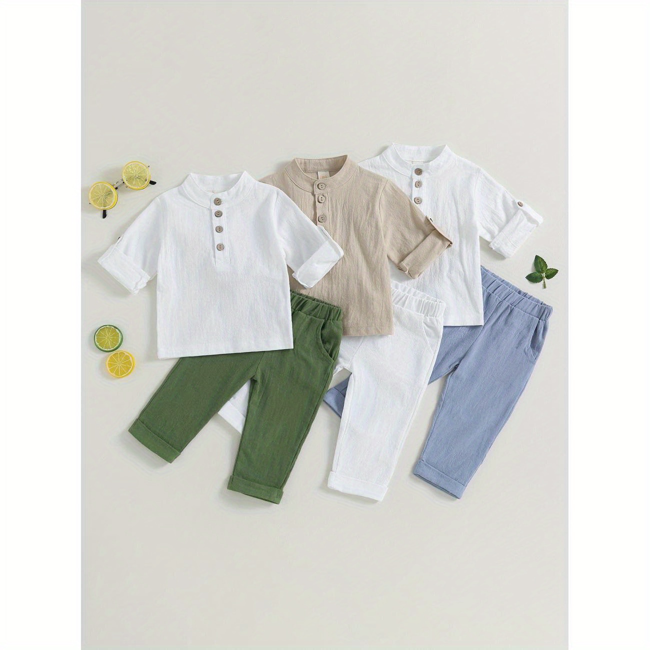 

Kids Boys Summer Outfits Solid Color Buttons Short Sleeve Shirts And Elastic Waist Long Pants 2pcs Clothes Set