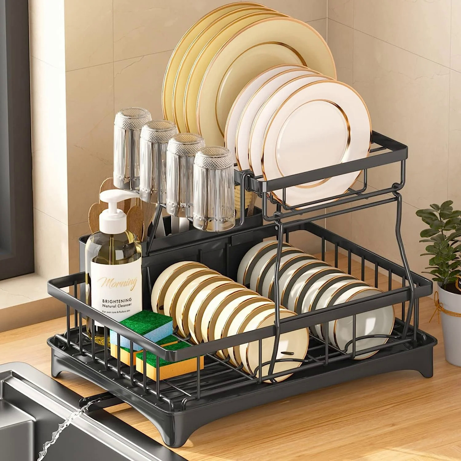 

Dish Drying Rack, 2 Tier Dish Rack With Removable Tray, Metal Drying Rack With Drain Board, Cup Holder For Kitchen, Black