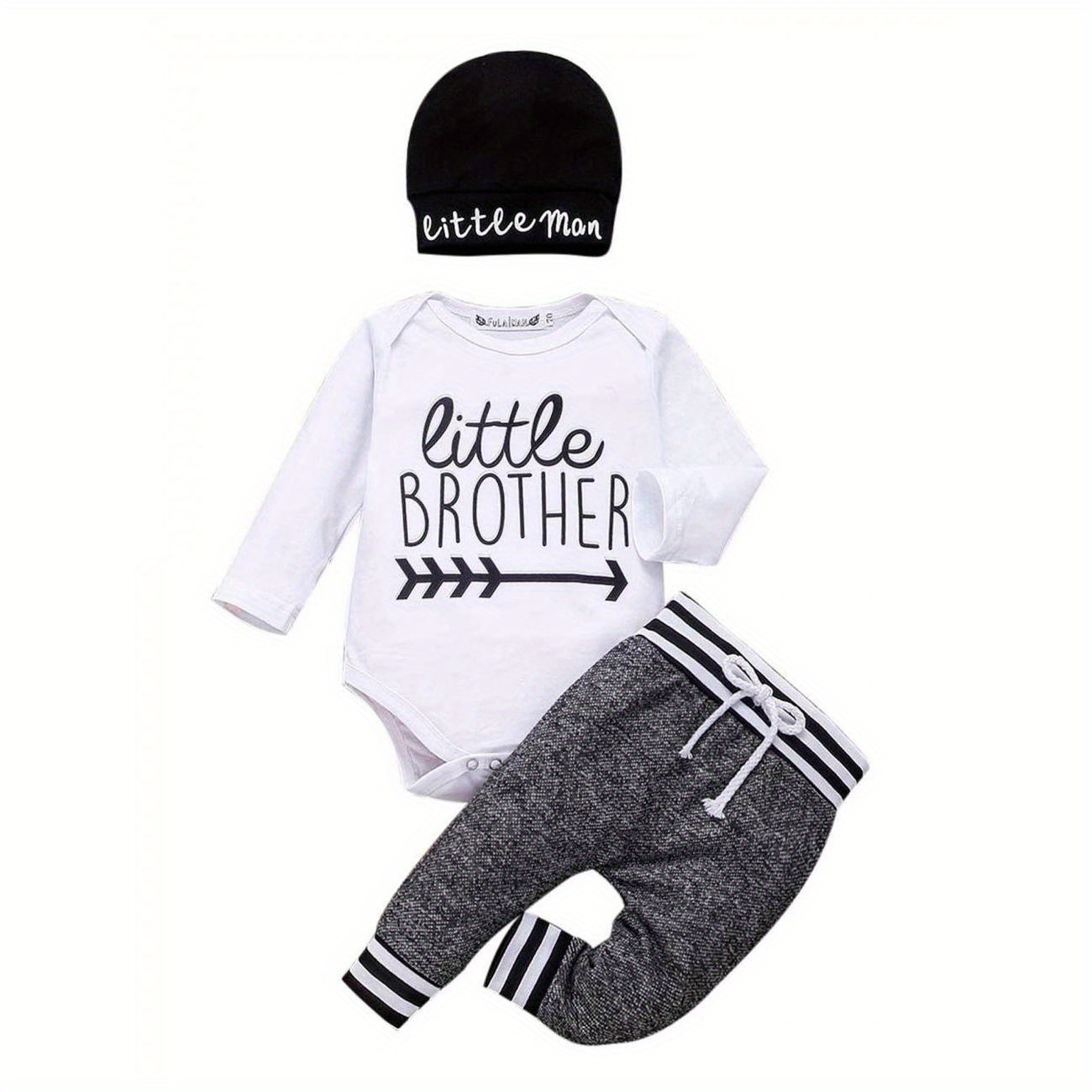 

95% Cotton Newborn Infant Baby Boy Little Brother Long Sleeve Romper + Long Pant + Beanie Hat Outfits Clothes
