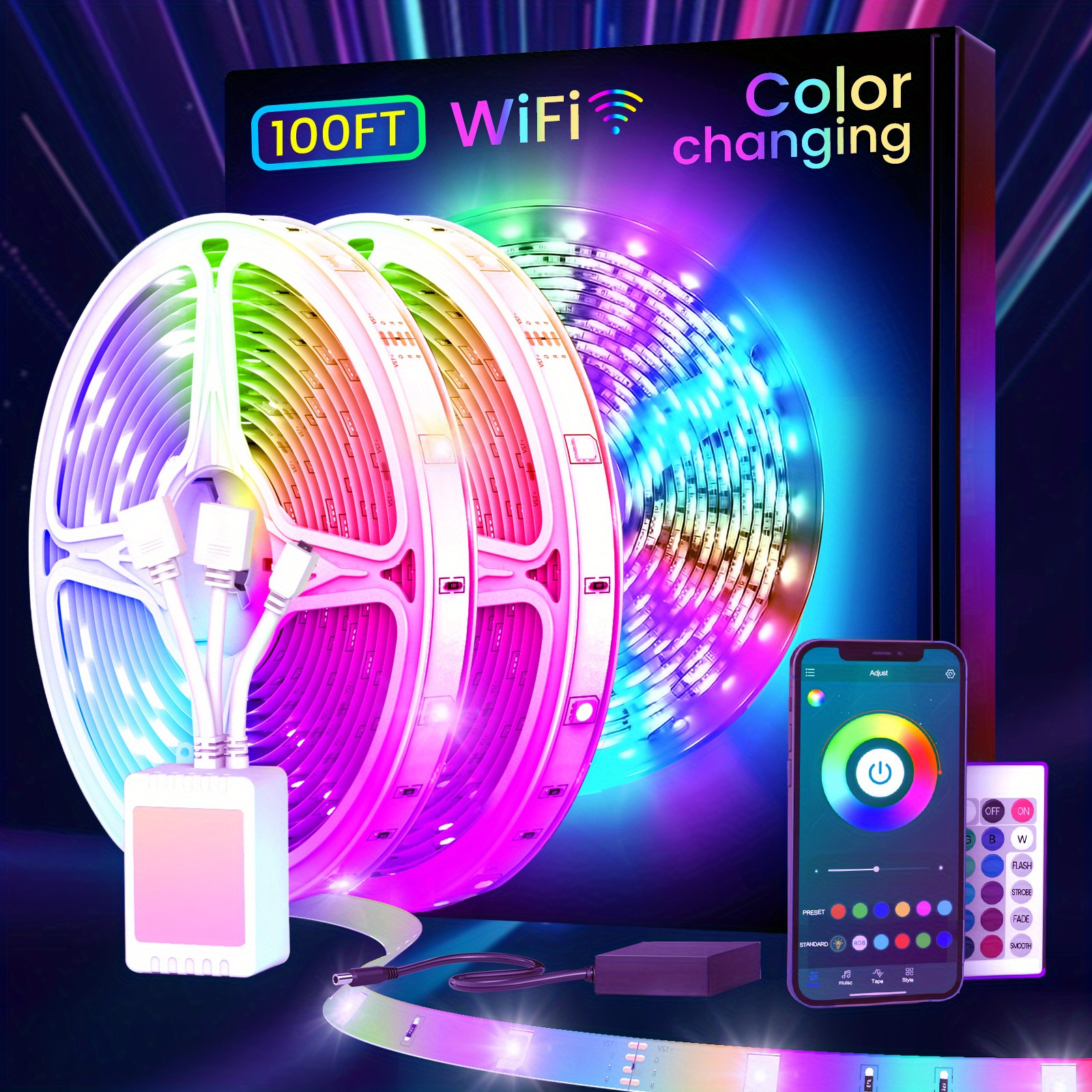 

100 Ft Wifi Smart Led Light Strips, App And Remote Control, 5050 Rgb For Bedroom, Living Room, Home Decor, Music Sync Color Change For Room Parties (2 Rolls Of 50 Ft)