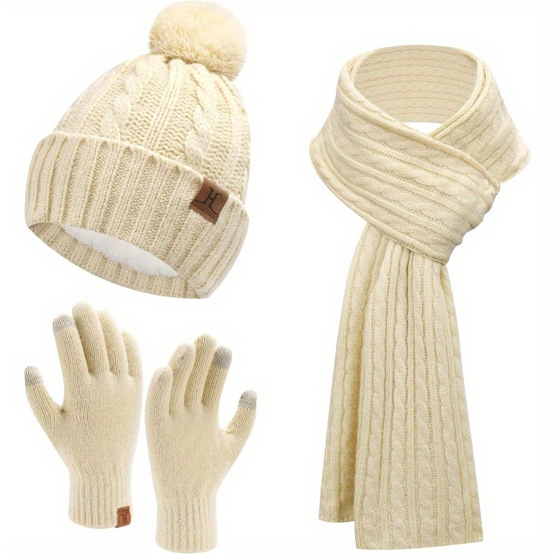 

Womens Winter Warm Beanie Hat Touchscreen Gloves Long Scarf Set Ribbed Cable Knit With Fleece Lined Skull Pom Caps