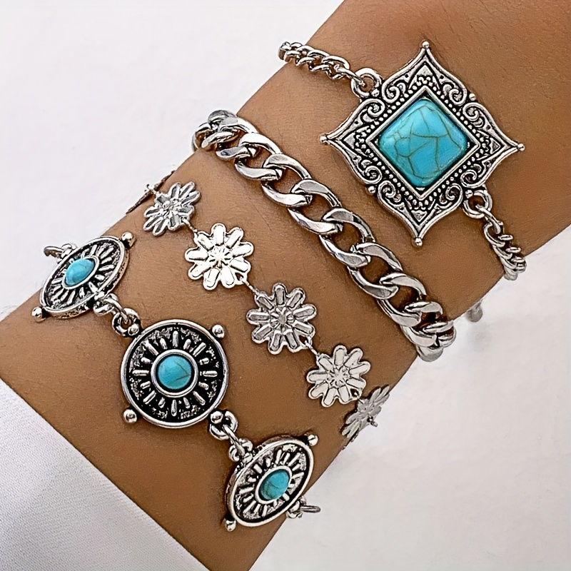 

4pcs Vintage Style Turquoise Inlaid Carved Flower Chain Bracelet Set Boho Style Hand Chain Jewelry Decoration