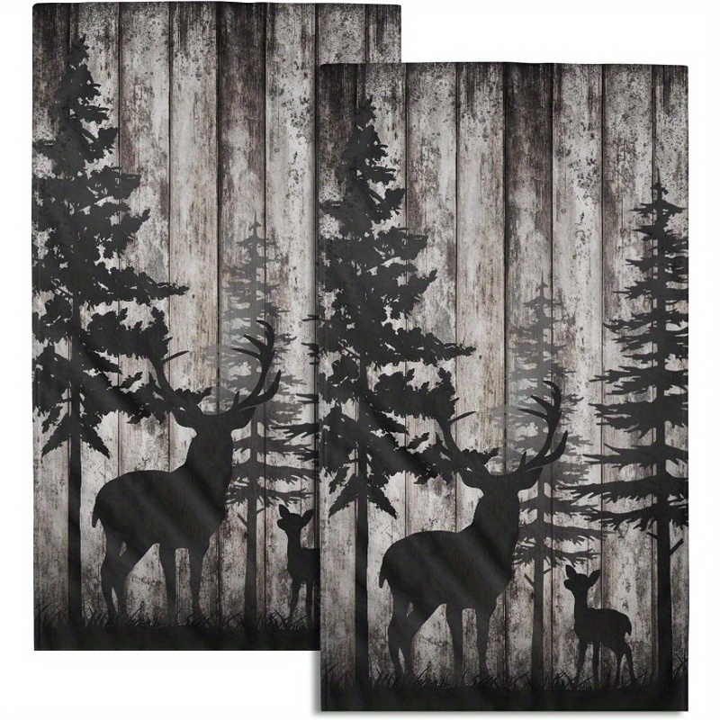 

2-piece Soft & Absorbent Forest Deer Hand Towels - 18x26 Inch, Quick-dry Polyester Blend For Kitchen & Bathroom Decor