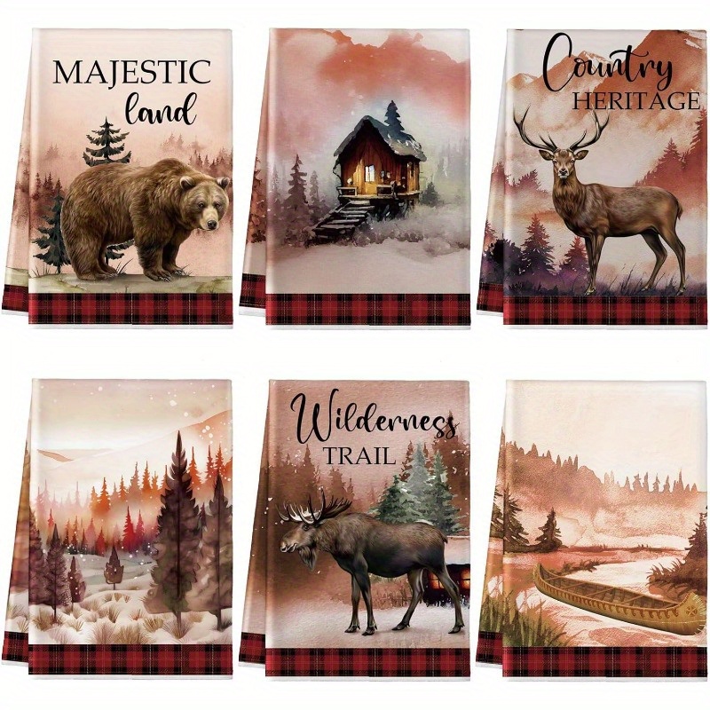 

6pcs Rustic Wildlife Kitchen Towels - Polyester, Quick-dry Dish Cloths With (moose, Deer, Bear) + & - Ideal For Kitchen & Bathroom Decor, 18x26 Inches, Kitchen Towels Hand Towels