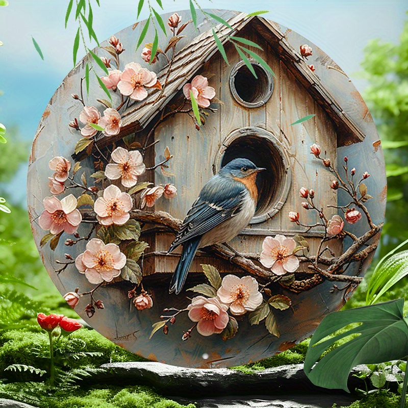 

Aluminum Birdhouse Wall Art Sign - Waterproof Hd Printed Metal Circular Decor With Pre-drilled Holes, Textured Cherry Blossom & Bird Design For Home, Coffee Shop, Business Premises - 1pc, 8-inch