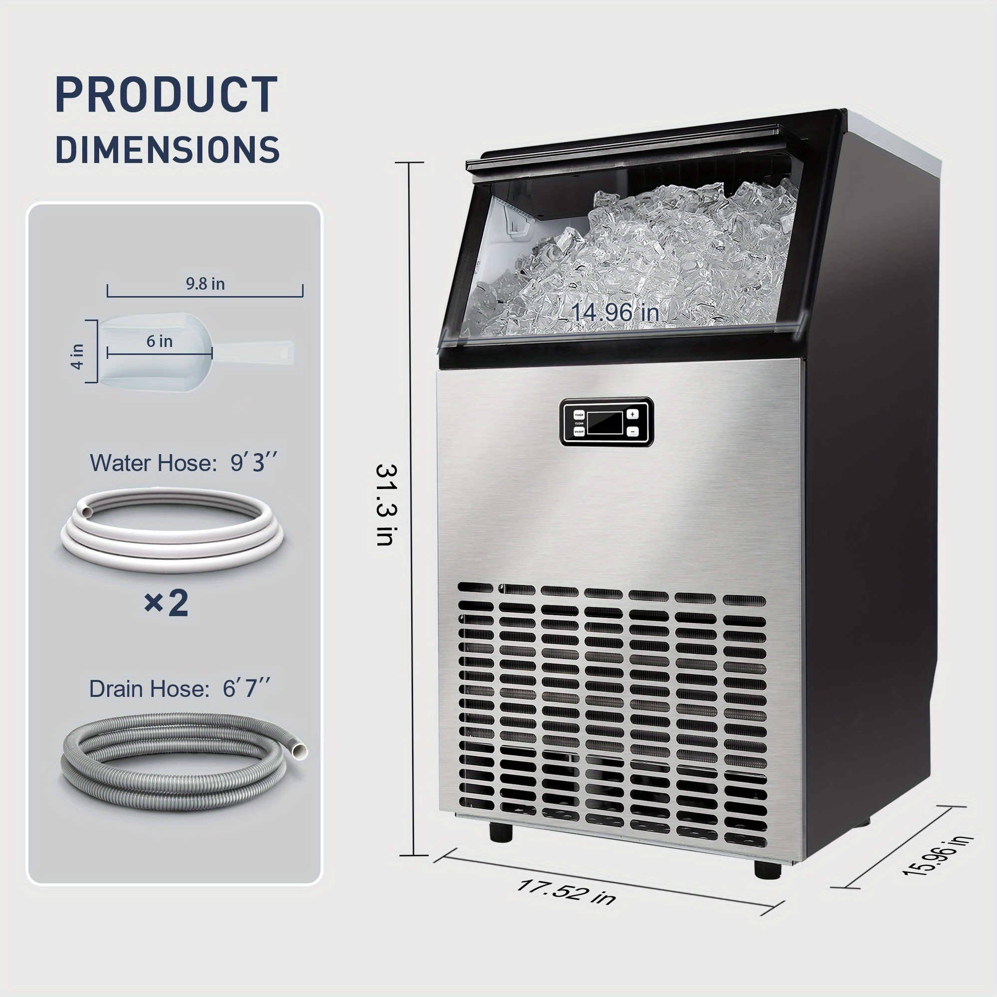 

- 100lbs/24h Production Capacity - Stainless Steel Under-counter Ice Machine With 33lbs Ice Storage - Freestanding Design