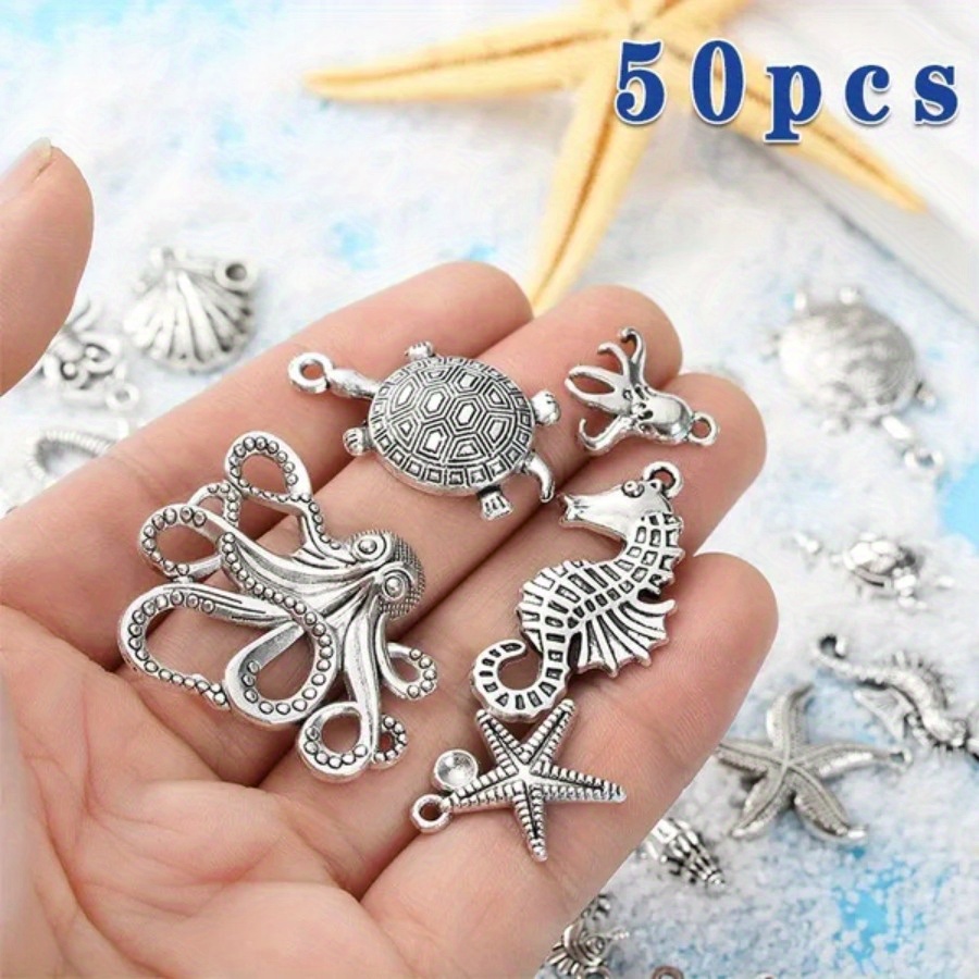 

50 Pcs Vintage Ocean Charms: Starfish, Shells, , Mermaids, , Octopus - Handcrafted Alloy Jewelry For Diy Necklaces