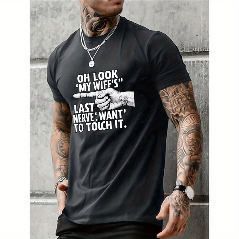 

My Wife's Last Nerve Print Men's Plus Size Crew Neck T-shirt, Casual Street Style Versatile Short Sleeve Top