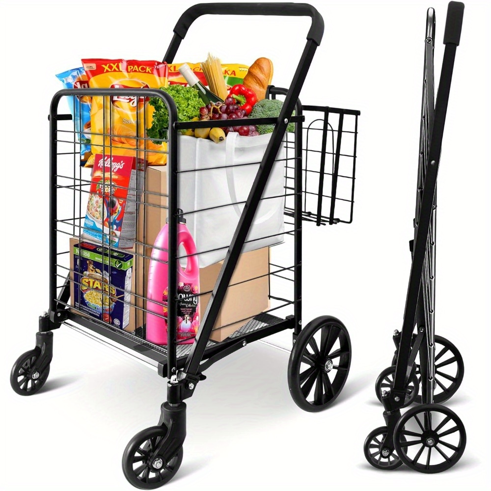 

Folding Grocery Utility Shopping Supermarket Cart With 360 Rolling Swivel Wheels, Double Basket, Large Capacity 110 Lbs, Portable, Collapsible Compact Folding, For Grocery Laundry, Luggage