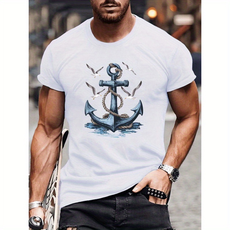 

Men's Casual Short Sleeve T-shirt With Unique Seagull & Anchor Print - Breathable Polyester, Machine Washable - Summer