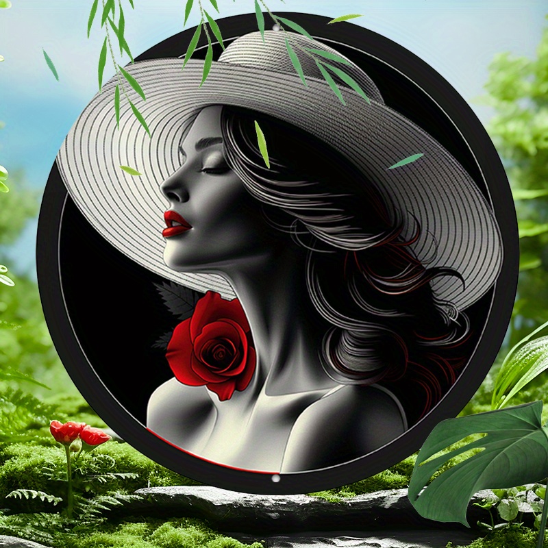 

1pc Aluminum Circular Artwork Featuring Woman With White Hat & Red Rose - 8-inch Metal Wall Decor For Home, Coffee Shop, Business & Restaurant