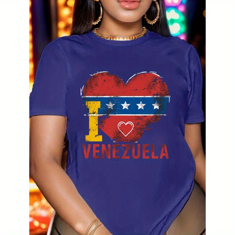 

I Love Venezuela Print Crew Neck T-shirt, Casual Short Sleeve Top For Spring & Summer, Women's Clothing