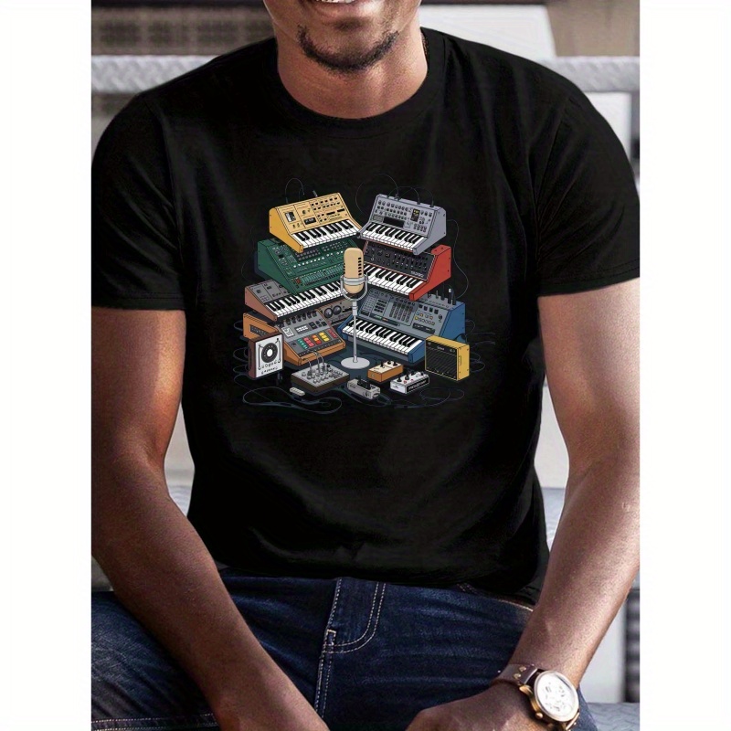 

T-shirt ras du cou à manches courtes pour homme avec imprimé synthétiseur de musique électronique, t-shirt élégant, haut décontracté confortable et polyvalent pour l'été