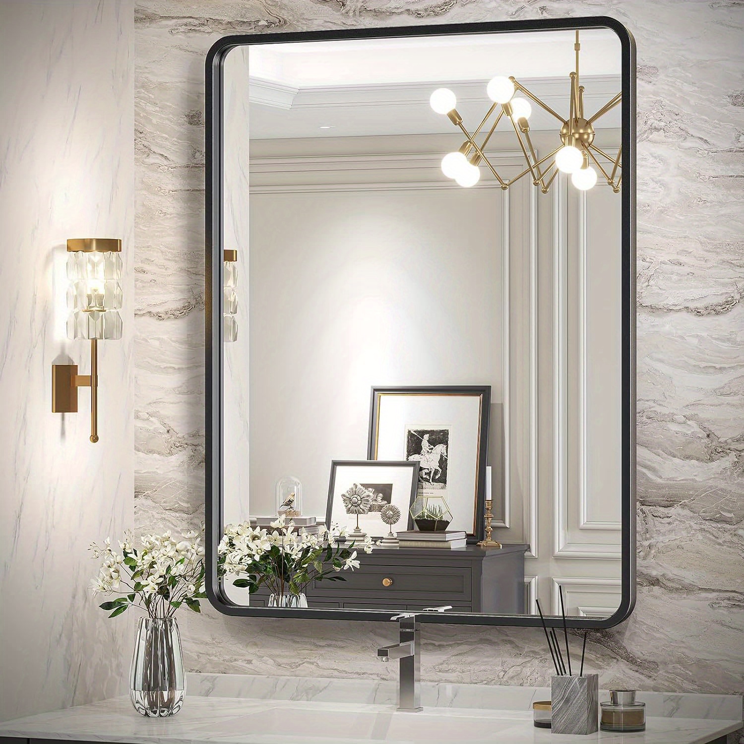 

Bathroom Mirror For Wall, Metal Framed Rectangle Mirror, Wall Mounted Vanity Mirror For Bathroom, Hangs Horizontal Or Vertical