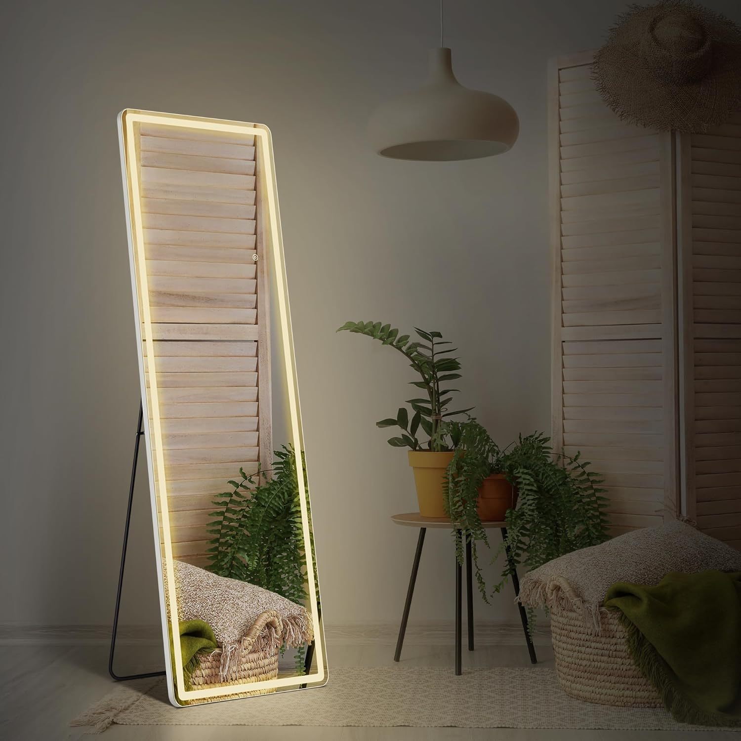 

White 64x21 Inch Full Length Mirror With Led Light, Floor Mirror Lighted Full Body Mirror With Dimming & 3 Color Lighting, Standing Leaning Mirror, Wall Mounted Hanging Mirror