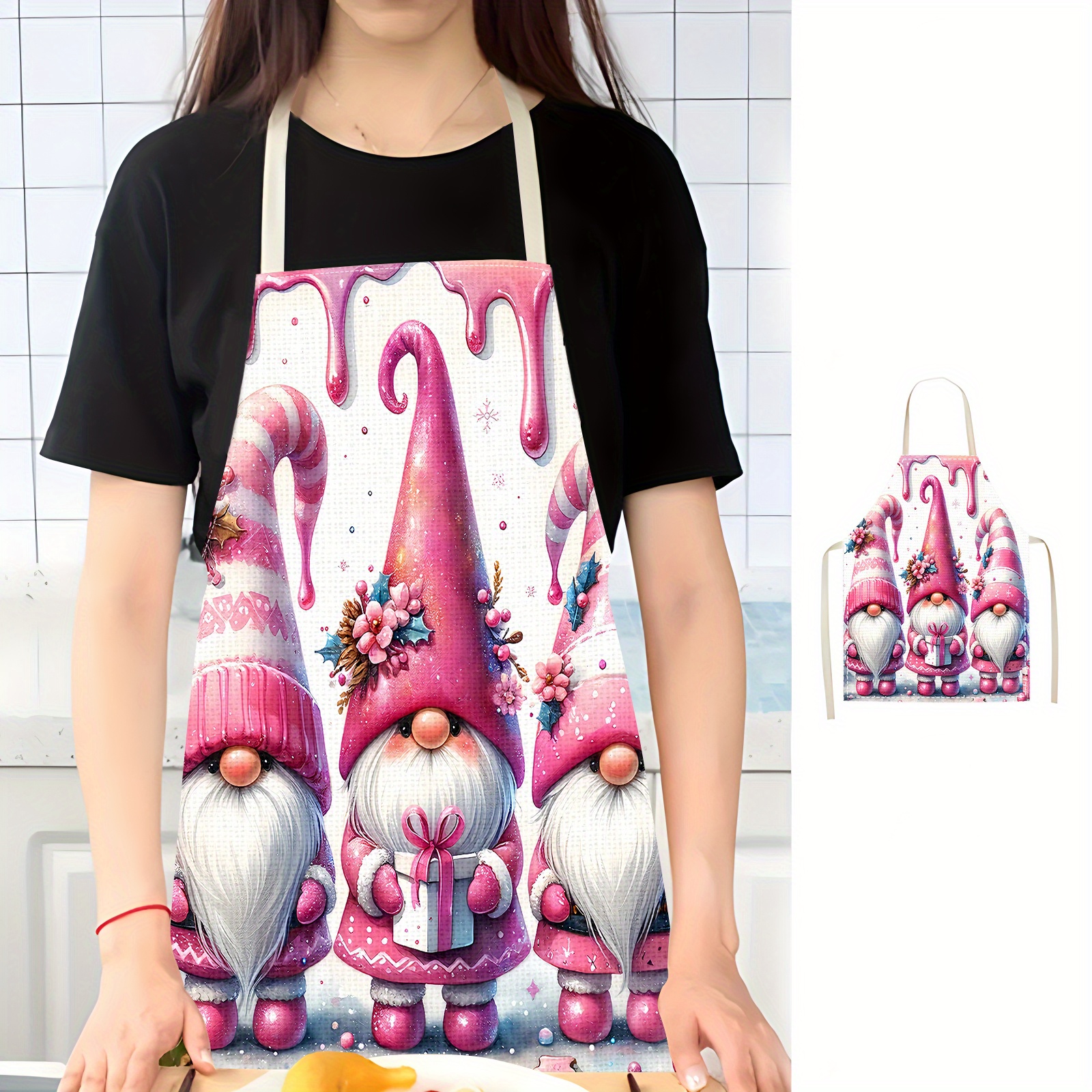 

1pc Festive Floral Gnome Pattern Chef's Apron - Durable, Stain-resistant Kitchen Apron With Adjustable Neck Strap And Front Pocket, 100% Polyester Woven Linen Look, For Cooking And Baking