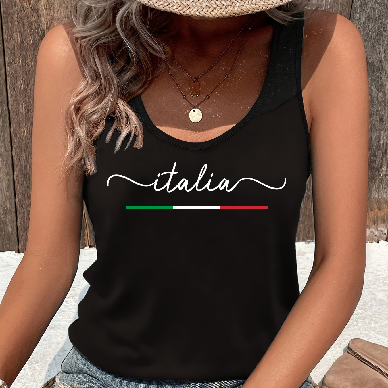 

Italian Print Tank Top, Sleeveless Crew Neck Casual Top For Summer & Spring, Women's Clothing