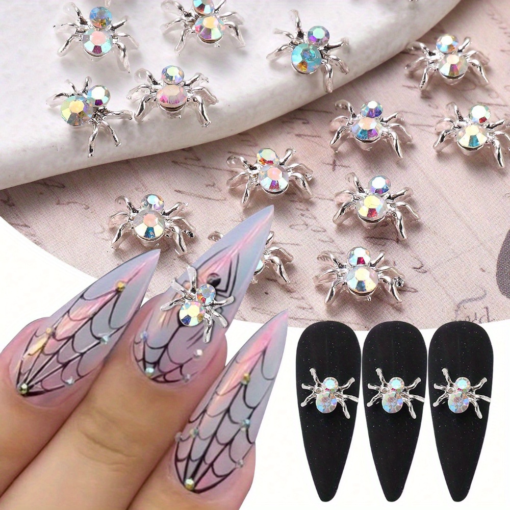 

10pcs Sparkling Rhinestone Spider Nail Charms - 3d Metal Nail Art Decorations For Diy , Halloween &