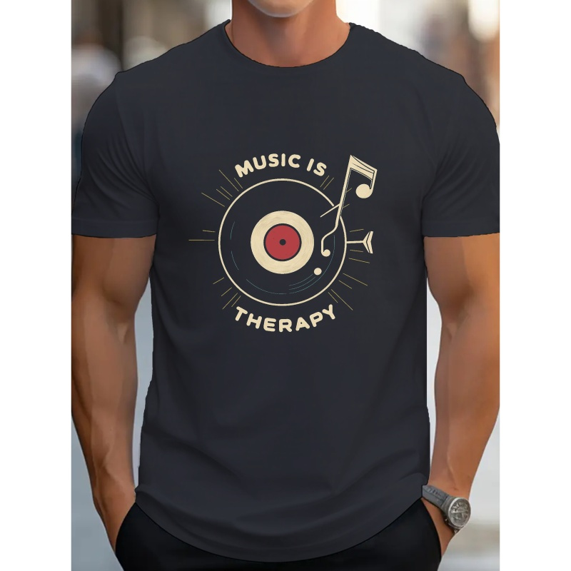 

T-shirt vintage "La musique est une thérapie" avec disque vinyle et note de musique, pour homme, t-shirt décontracté à manches courtes pour l'été