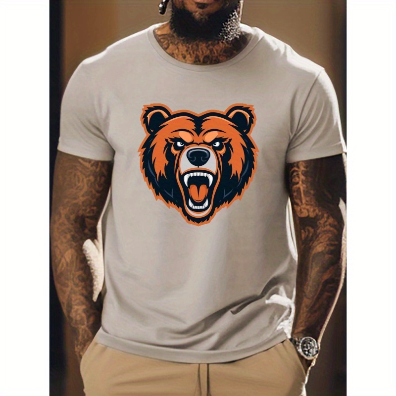 

Plus Size Men's Summer Short Sleeve T-shirts, Angry Bear Graphic Print Trendy Slightly Stretch Crew Neck Tees, Comfy For Casual Outdoor Activities