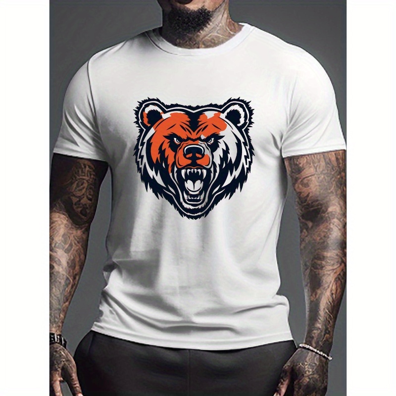 

Plus Size Men's Summer Short Sleeve T-shirts, Roaring Bear Graphic Print Trendy Slightly Stretch Crew Neck Tees, Comfy For Casual Outdoor Activities