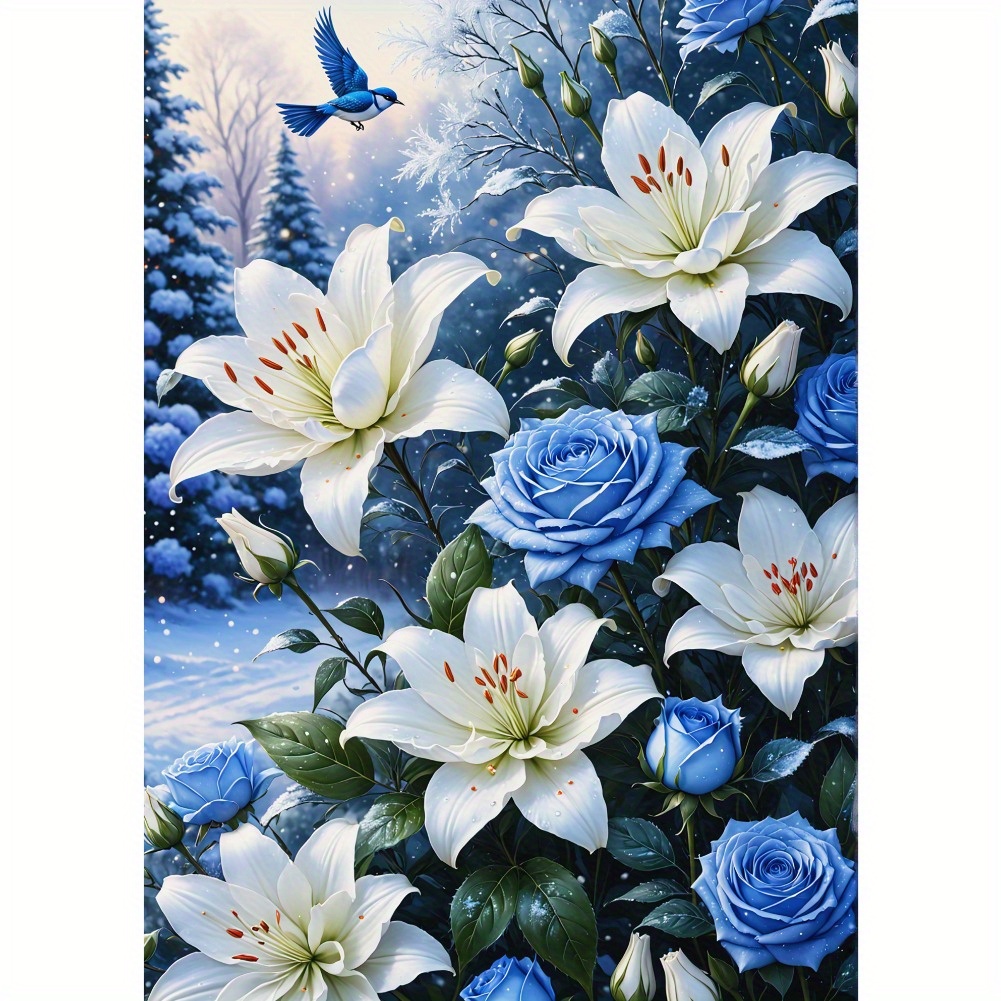 

Mahuniya 5d Diamond Painting Kit For Adults, Round Diamond Art Flowers, White Lilies & Blue Roses Theme, Frameless 30x40cm, Diy Craft For Home & Bedroom Decor