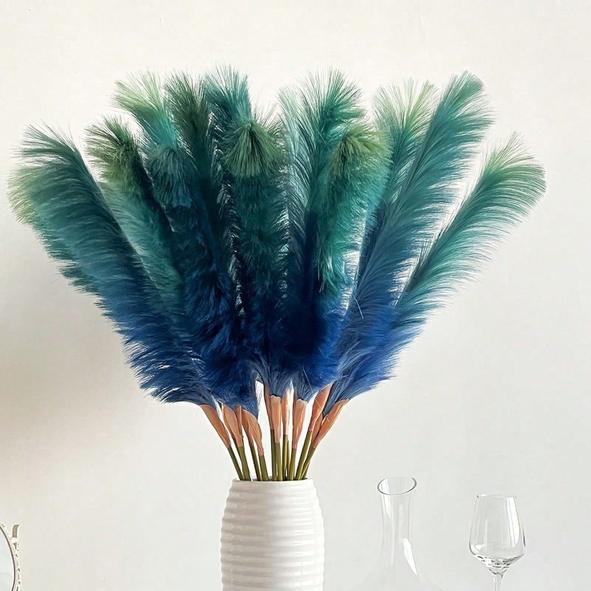 

4pcs " Fluffy Pampas Grass - Large Bouquet In Teal To Blue Gradient, No-shed Artificial Reed Stems For Home Decor, Weddings, Parties, And Gifts, Artificial Outdoor Flowers