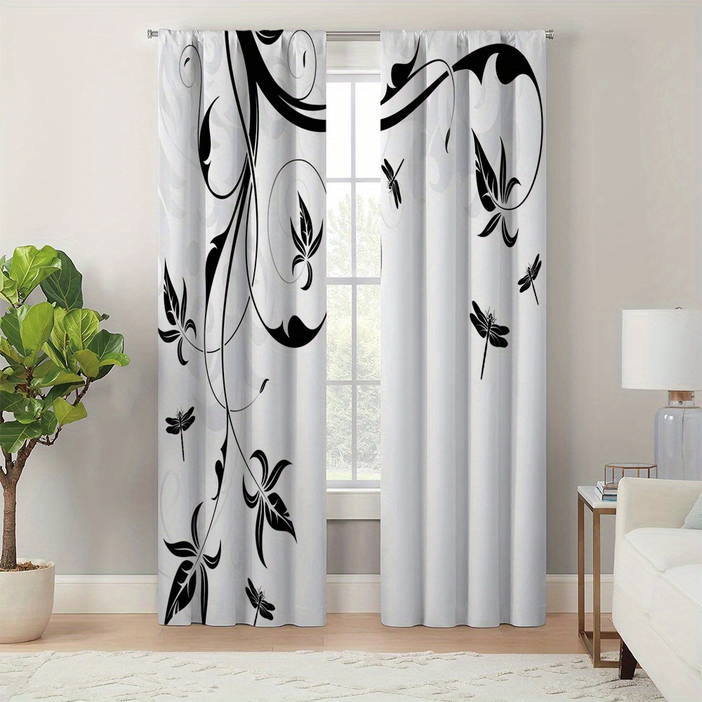 

Classic Style Floral Print Black And White Light Blocking Curtains, 2 Panel Set, Polyester Knit, Machine Washable With Tie Backs, Ideal For Living Room Decor