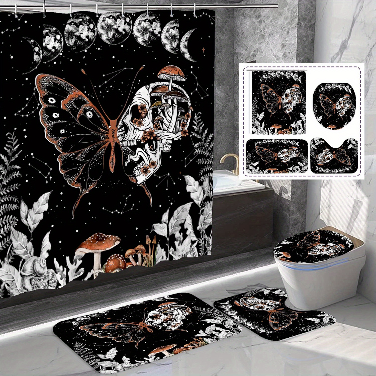 

1/4pcs Halloween Gothic Shower Curtain Set, Butterfly Mushroom Pattern, Non Slip Bath Mat, Toilet Cover Mat And U-shaped Rug, Waterproof Curtains, Bathroom Bathtub Home Decor