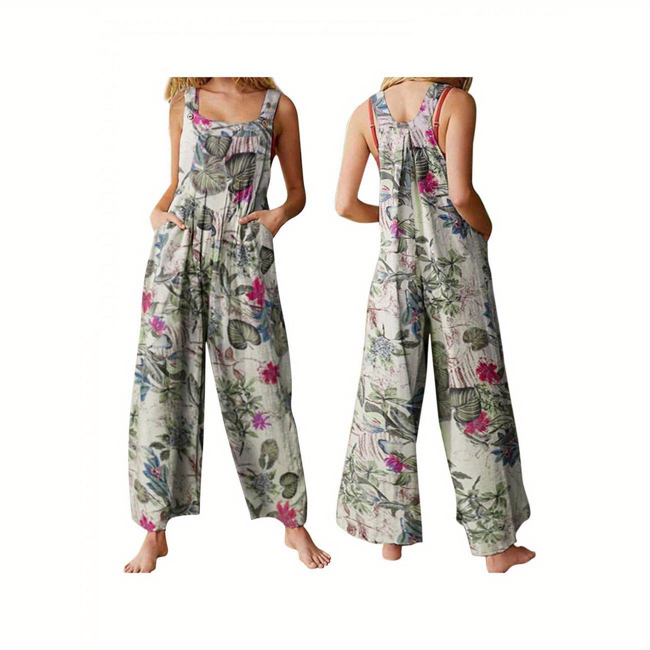 

Floral Print Wide Leg Overall Jumpsuit, Casual Solid Slant Pockets Button Strap Overall Jumpsuit For Spring & Summer, Women's Clothing