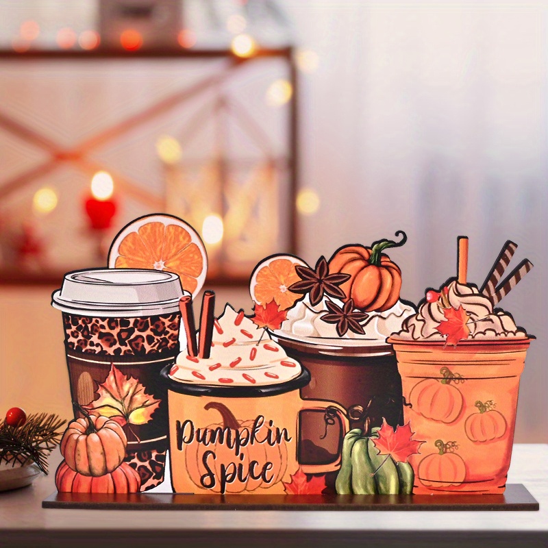 

Thanksgiving Day Wooden Desktop Ornament - Autumn Coffee, Ice Cream & Pumpkin Design | Home Decor For Holiday Parties