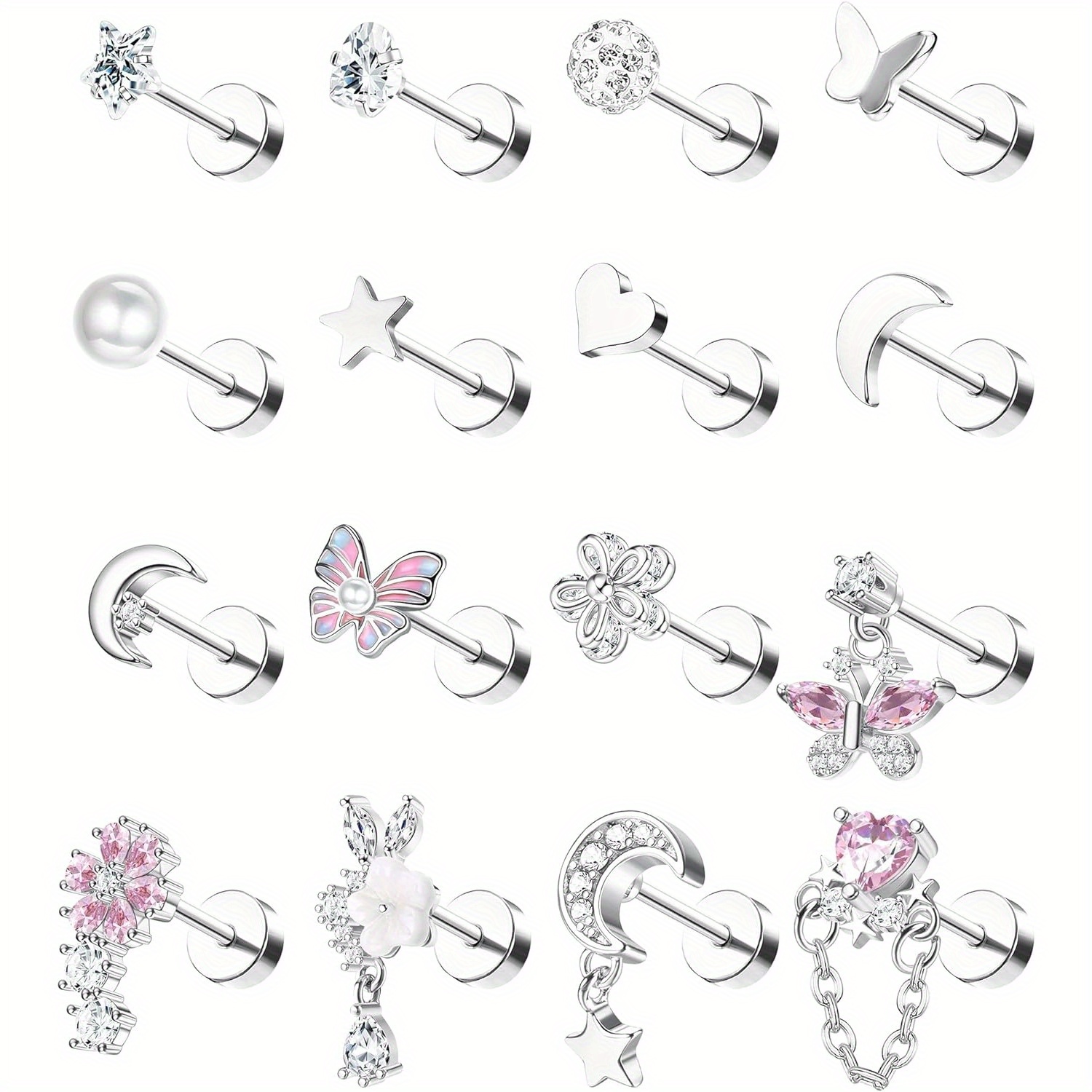 

16pcs Set Of & Steel - Zirconia , , , And 's Eye For Women | Piercing Jewelry For , Tragus, Labret, , Lip | Hypoallergenic 316l Steel Cz Accents | For 's Day