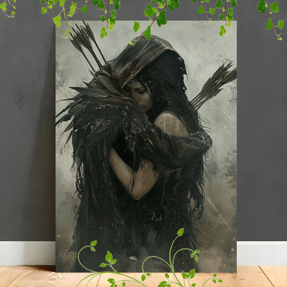 

1pc Wooden Canvas Painting Artwork Very Suitable For Office Room Decoration Hooded Figure With Wings, Tattered Cloak, Embracing Woman, Arrows In Back, Dark ,