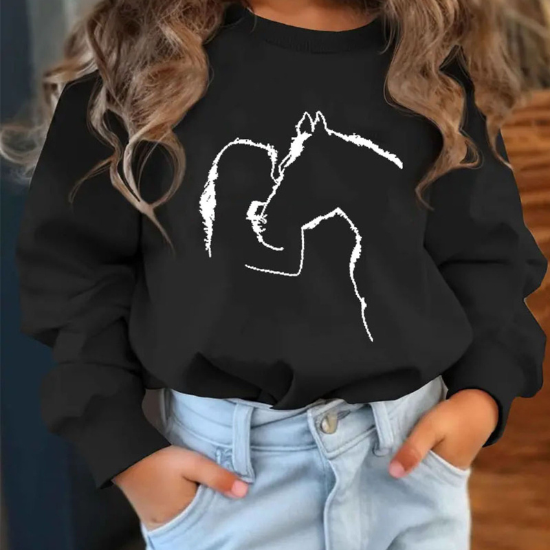 

Girl Kissing Horse Silhouette Print Girl's Crew Neck Long Sleeve Sweatshirt, Trendy Pullover Sweatshirt, Casual Comfortable Versatile Top For Autumn & Winter