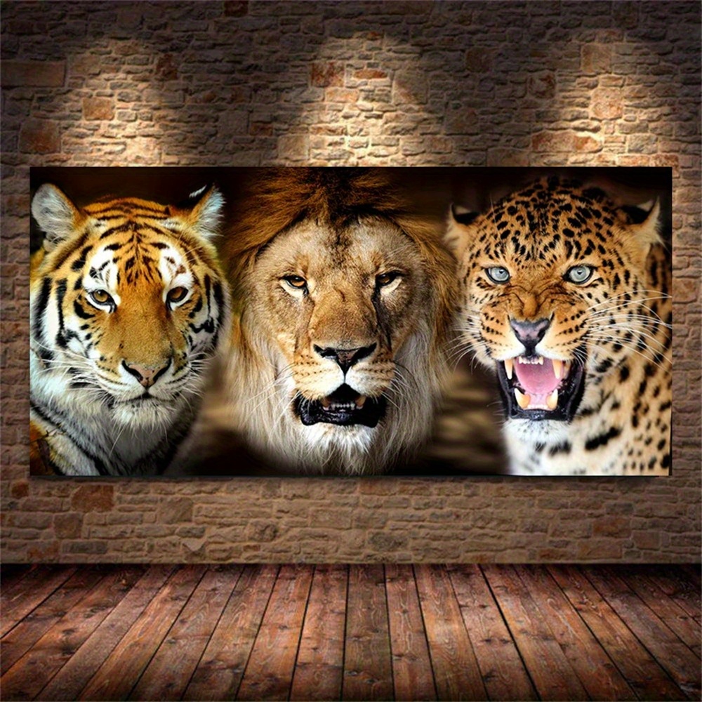 

Diy Diamond Painting Kit - Large 80x40cm Canvas With Round Diamonds, Full Drill Embroidery Set For Home Wall Decor - Tiger, Lion & Leopard Design With Tools Included